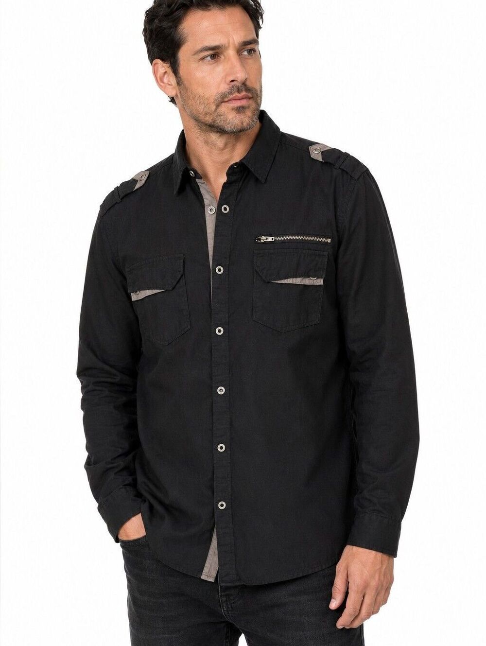 GUESS Men’s Black Military Utility Style Shirt Snap Front Pockets Y2K - XL